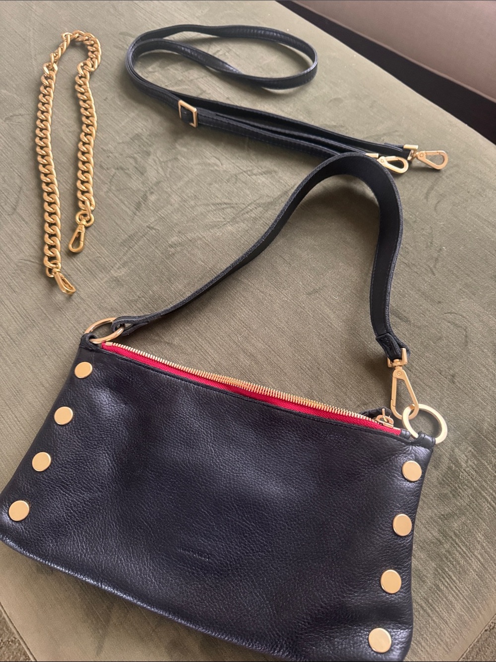 Hammitt Black Leather Crossbody with Red Zip and Gold Hardware